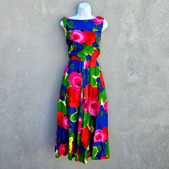Lanz Originals Dresses & Skirts - Lanz Originals 80s Bright Floral Sleeveless Fit Flare Midi Dress Size M Pockets
